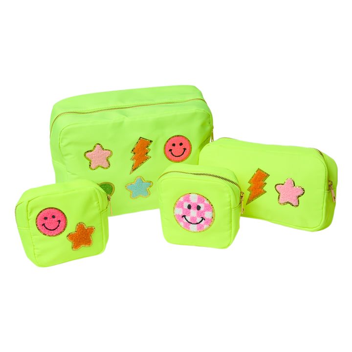 Nylon Pouches with Assorted Patches - Neon Yellow