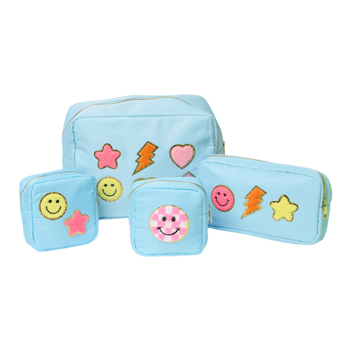 Nylon Pouches with Assorted Patches - Blue