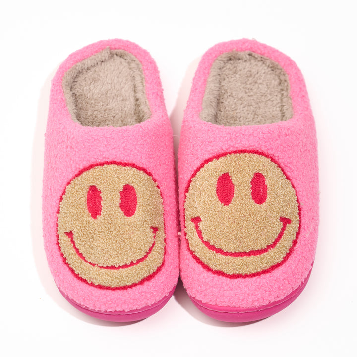 Girl's (10-14) Plush Slippers in Hot Pink with a Beige Happy Face