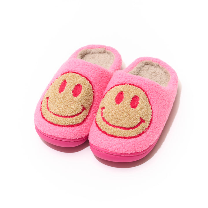 Girl's (10-14) Plush Slippers in Hot Pink with a Beige Happy Face