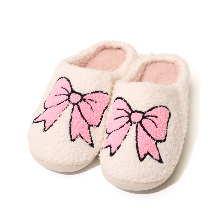 Girl's (10-14) Plush Slippers with a Pink Bow