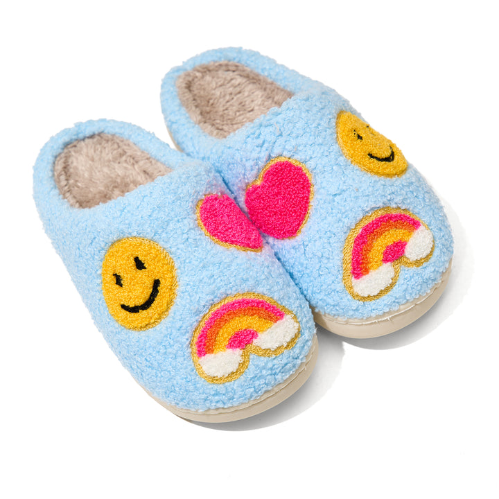 Kids Plush Slippers in Sky Blue with Emojis