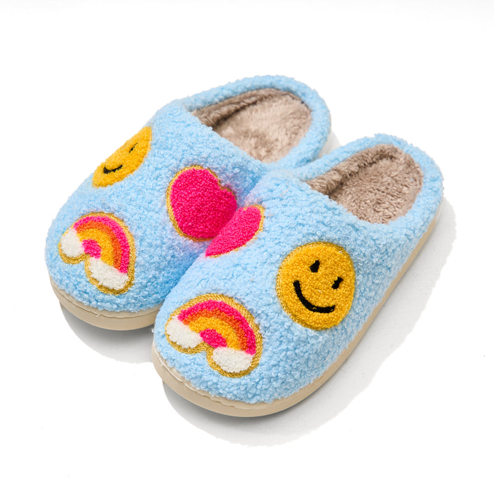 Kids Plush Slippers in Sky Blue with Emojis