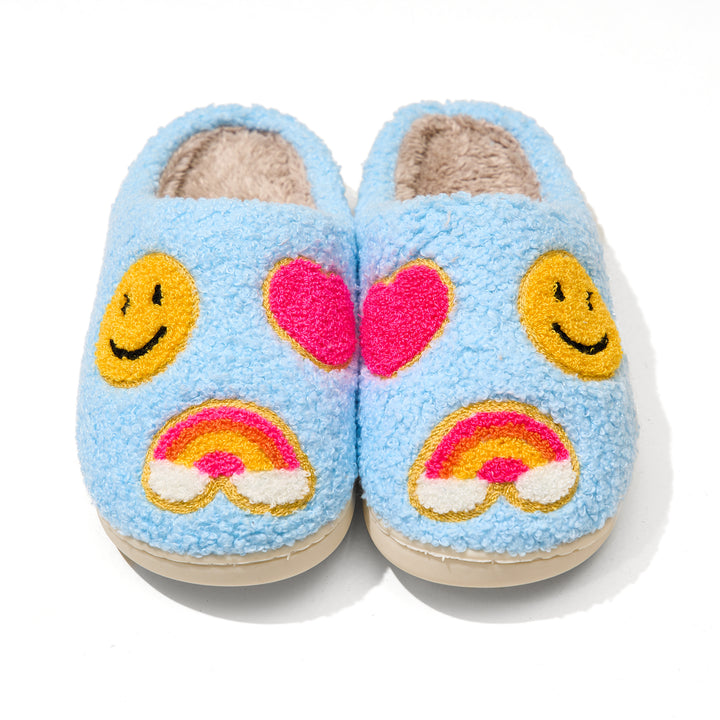 Kids Plush Slippers in Sky Blue with Emojis