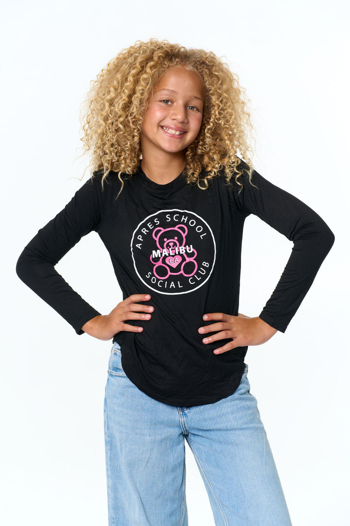 Girl's (8-14) Long Sleeve Tunic Top with "APRES SCHOOL SOCIAL CLUB with Teddy Bear" Screen