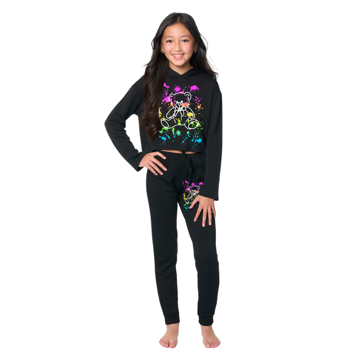 Girl's (8-14) Butter Fleece Sweatpants with Scattered Paint with Teddy Bear Screen