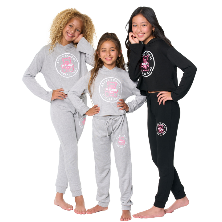Girl's (8-14) Butter Fleece Hooded Sweatshirt with "APRES SCHOOL SOCIAL CLUB TEDDY BEAR" Screen