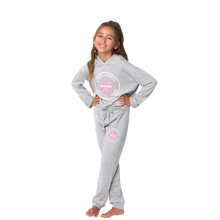 Little Girl's (4-6x) Butter Fleece Hooded Sweatshirt with our "APRES SCHOOL SOCIAL CLUB with Teddy Bear" Screen