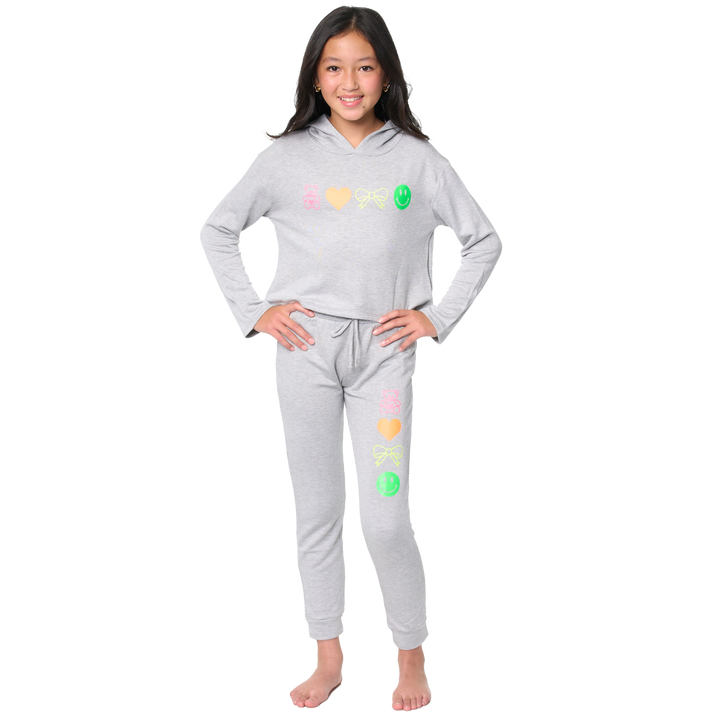 Girl's (8-14) Butter Fleece Sweatpants with Neon Teddy Bear, Bow, Smiley Face, Heart Icons Screen