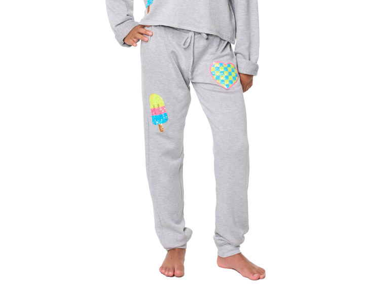 Little Girl's (4-6x) Butter Fleece Sweatpants with our Sequin Checkered Heart & Ice Cream Patches
