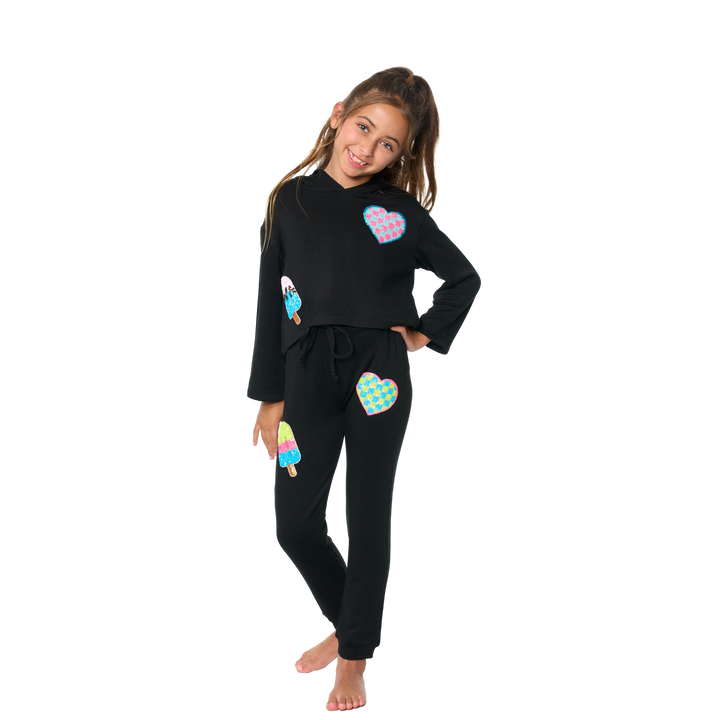 Little Girl's (4-6x) Butter Fleece Hooded Sweatshirt with our Sequin Checkered Heart & Ice Cream Patches