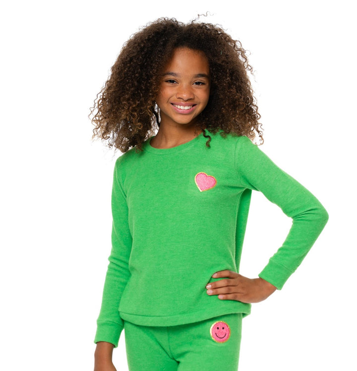 Girl's (8-14) Brushed Hacchi Sweatshirt with Chenille Glitter Patch