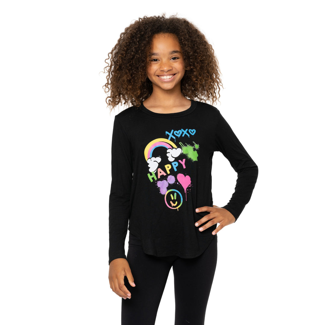 Girl's (8-14) Long Sleeve Tunic with HAPPY Graffiti screen