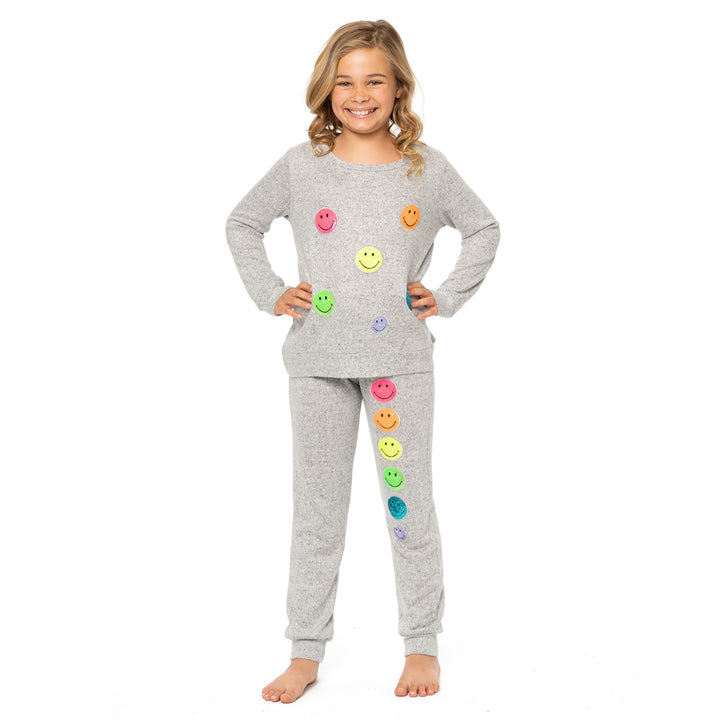 Girl's (8-14) Hacci Sweatshirt with Neon Sequin Happy Faces Patches