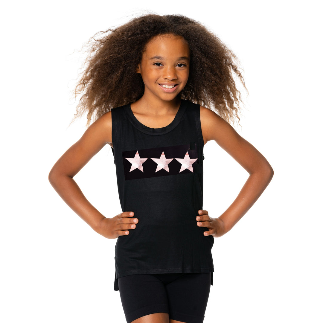 Girls (8-14) Sleeveless Muscle Tee with Three Rose Gold Stars Screen