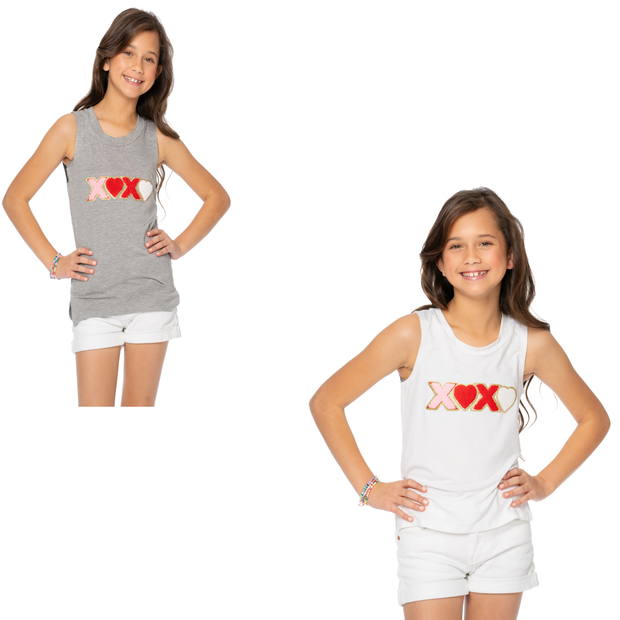 Girls (8-14) Sleeveless Muscle Tee with "XOXO" Glitter Patch
