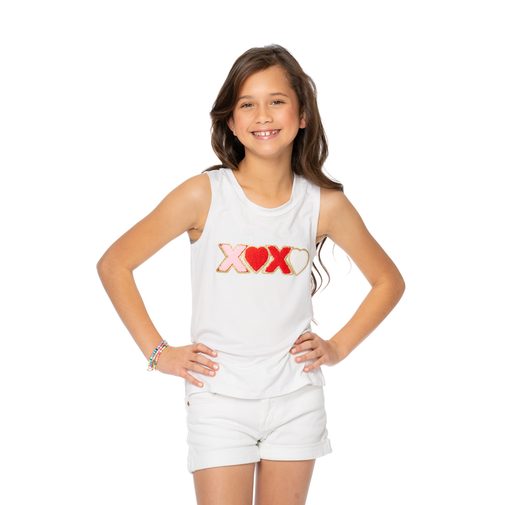 Girls (8-14) Sleeveless Muscle Tee with "XOXO" Glitter Patch