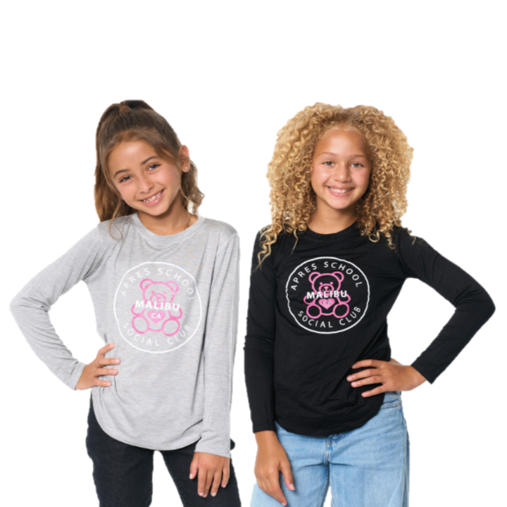 Girl's (8-14) Long Sleeve Tunic Top with "APRES SCHOOL SOCIAL CLUB with Teddy Bear" Screen