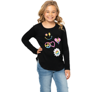 Girl's (8-14) Long Sleeve Tunic with Icon Happy Face, Heart, Peace, and Flower screen