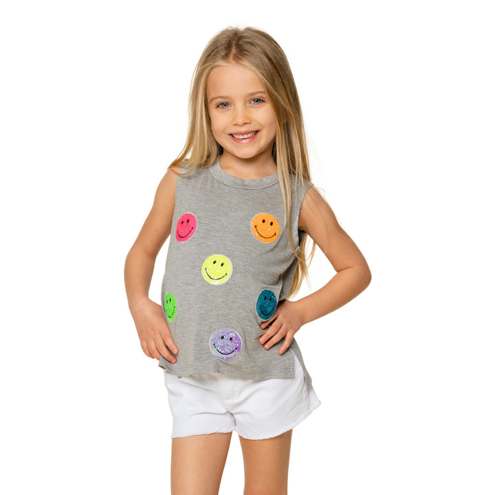 Little Girls (4-6x) Sleeveless Tee with Neon Sequin Happy Face Patches