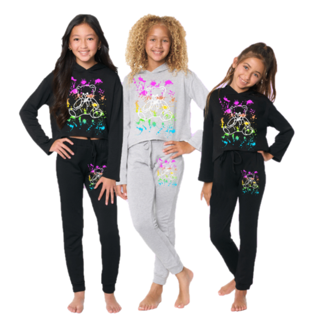 Little Girl's (4-6x) Butter Fleece Sweatpants with our "Scattered Paint with White Teddy Bear" Screen