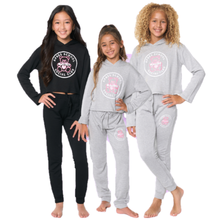 Little Girl's (4-6x) Butter Fleece Hooded Sweatshirt with our "APRES SCHOOL SOCIAL CLUB with Teddy Bear" Screen