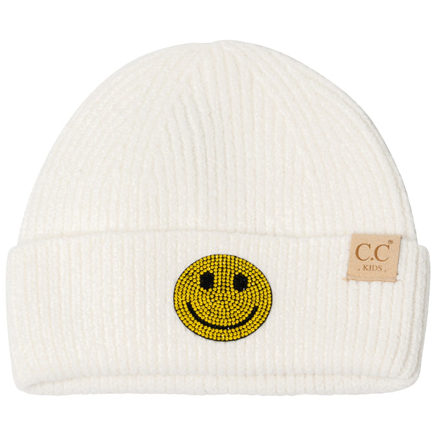 Little Girls Solid Color Beanie with Rhinestone Smiley Face Patch