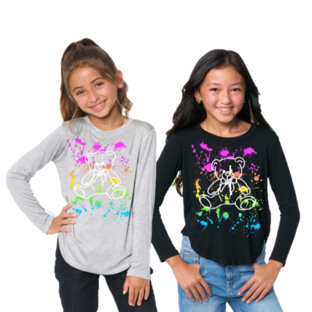 Little Girl's (4-6x) Long Sleeve Tunic with "Scattered Paint with White Teddy Bear" Screen