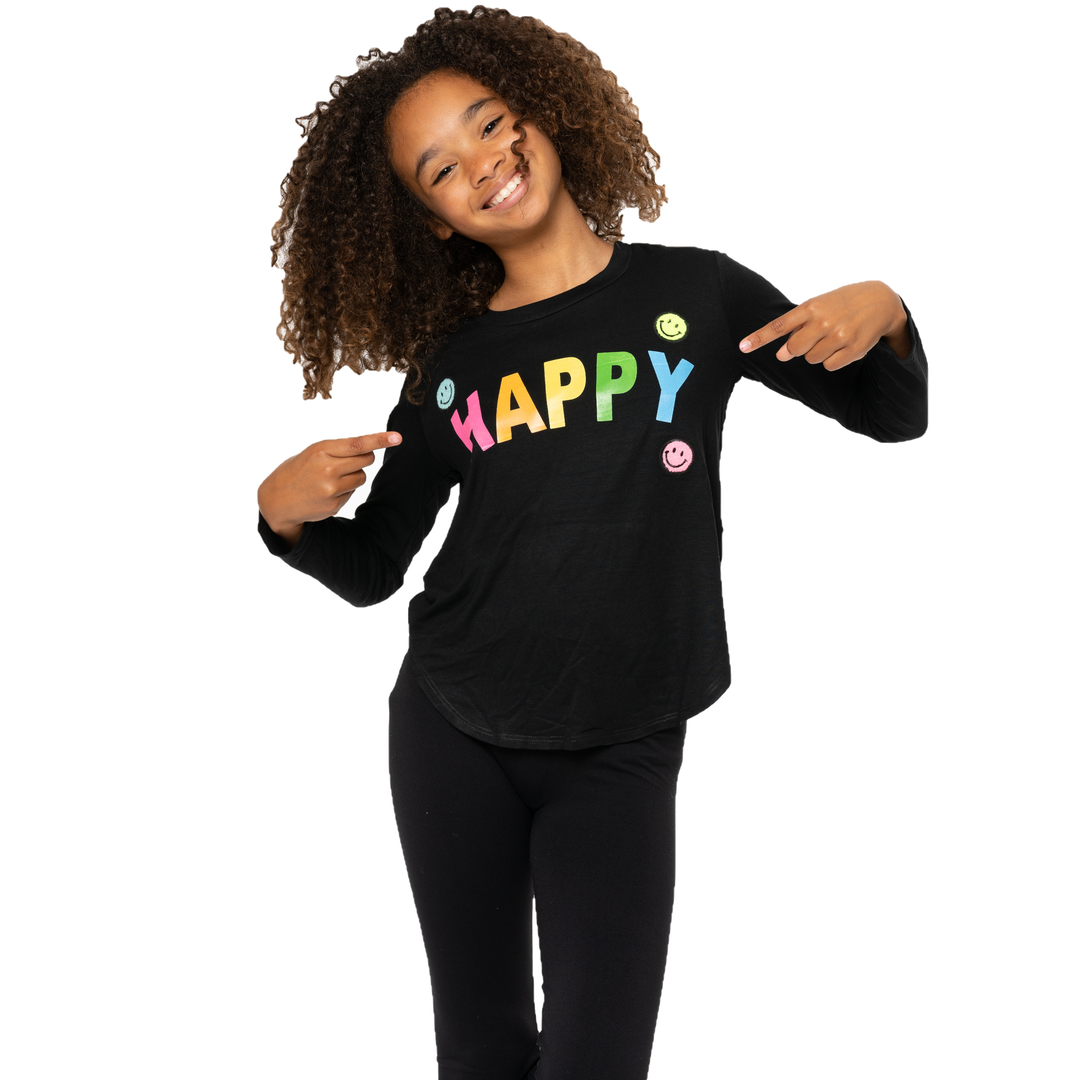 Little Girl's (4-6x) Long Sleeve Tunic with HAPPY Screen + Baby Smiley Face Patches