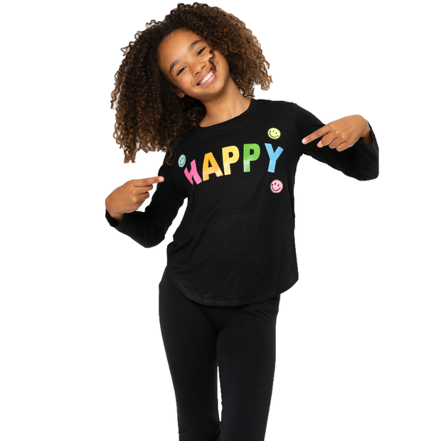 Girl's (8-14) Long Sleeve Tunic with HAPPY Screen + Baby Smiley Face Patches
