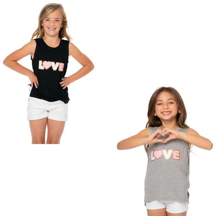 Little Girls (4-6x) Sleeveless Tee with "LOVE" Glitter Patch