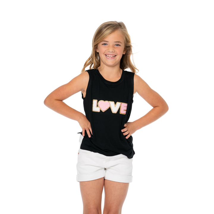 Little Girls (4-6x) Sleeveless Tee with "LOVE" Glitter Patch