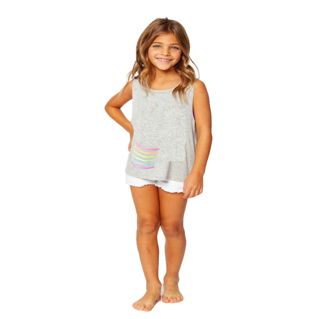 Girls (8-14) Sleeveless Muscle Tee with Rainbow Glitter Stripes Screen