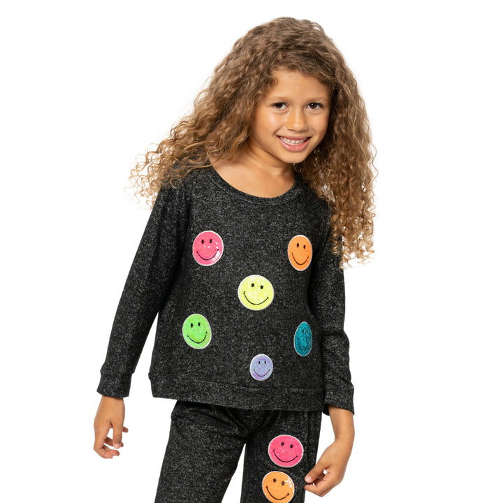 Little Girl's (4-6x) Hacci Sweatshirt with Neon Sequin Happy Faces Patches