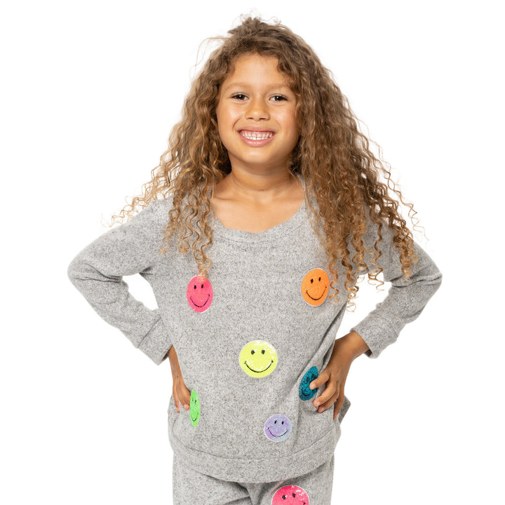 Little Girl's (4-6x) Hacci Sweatshirt with Neon Sequin Happy Faces Patches