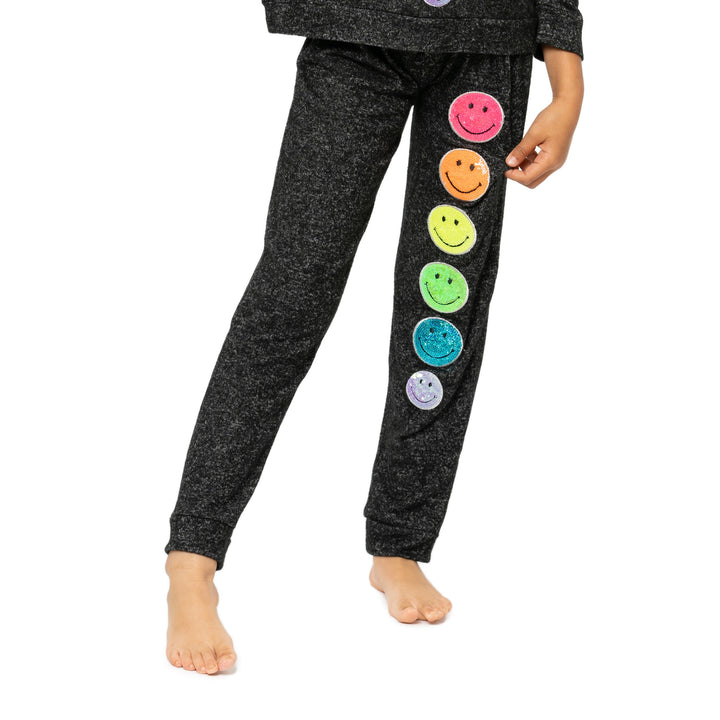 Little Girl's (4-6x) Hacci Sweatpants with Neon Sequin Happy Faces Patches