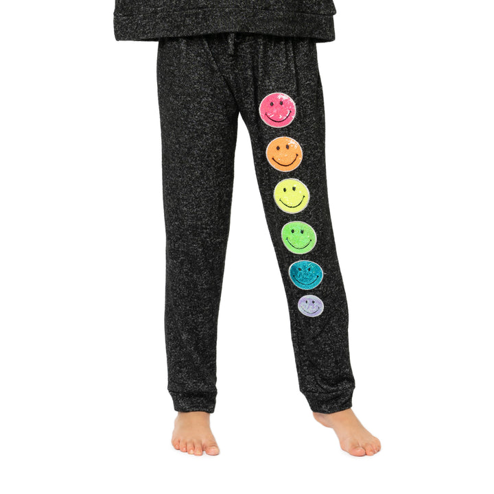 Little Girl's (4-6x) Hacci Sweatpants with Neon Sequin Happy Faces Patches