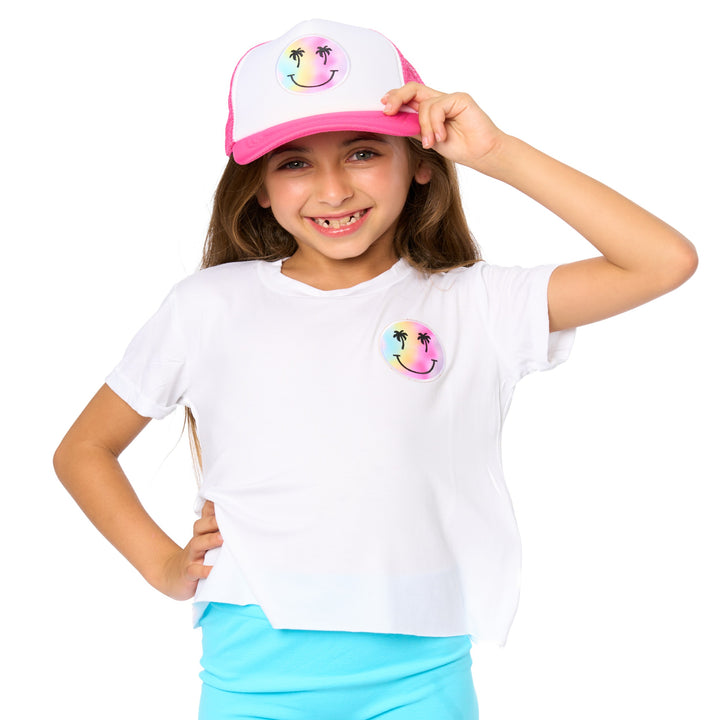 Little Girls (4-6x) Short Sleeve T-Shirt with Happy Face Palm Tree Patch