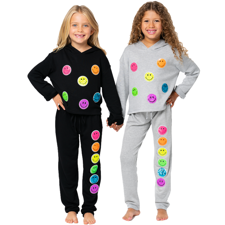 Little Girl's (4-6x) Butter Fleece Sweatpants with Neon Sequin Happy Face Patches