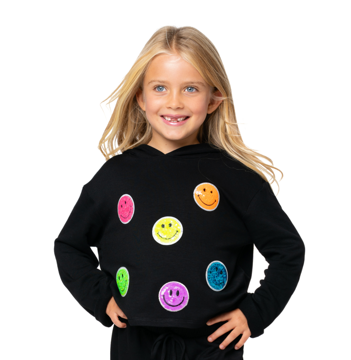 Little Girl's (4-6x) Butter Fleece Hooded Sweatshirt with Neon Sequin Happy Face Patches