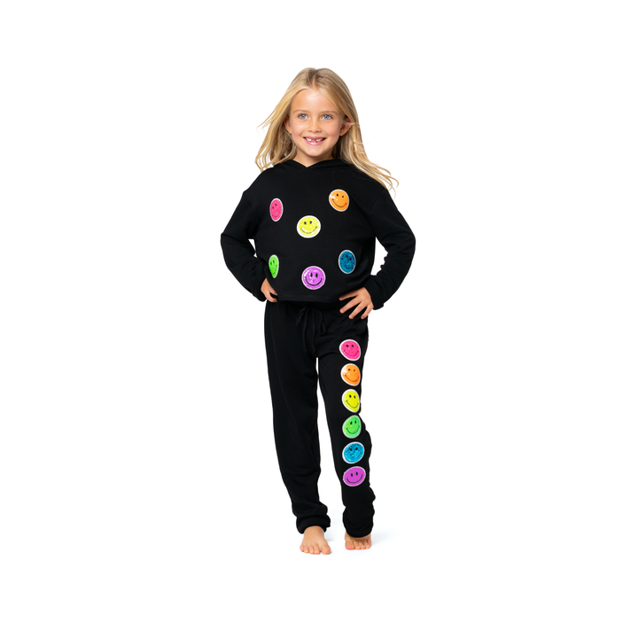 Little Girl's (4-6x) Butter Fleece Hooded Sweatshirt with Neon Sequin Happy Face Patches