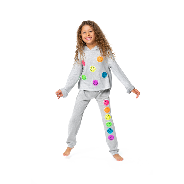 Little Girl's (4-6x) Butter Fleece Sweatpants with Neon Sequin Happy Face Patches