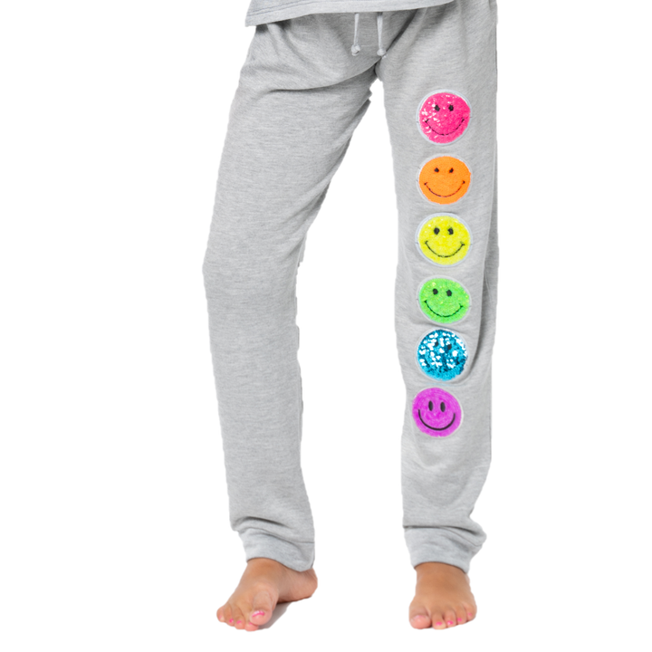 Little Girl's (4-6x) Butter Fleece Sweatpants with Neon Sequin Happy Face Patches