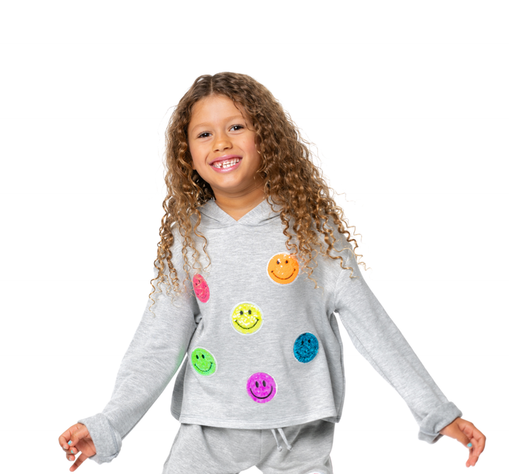Little Girl's (4-6x) Butter Fleece Hooded Sweatshirt with Neon Sequin Happy Face Patches
