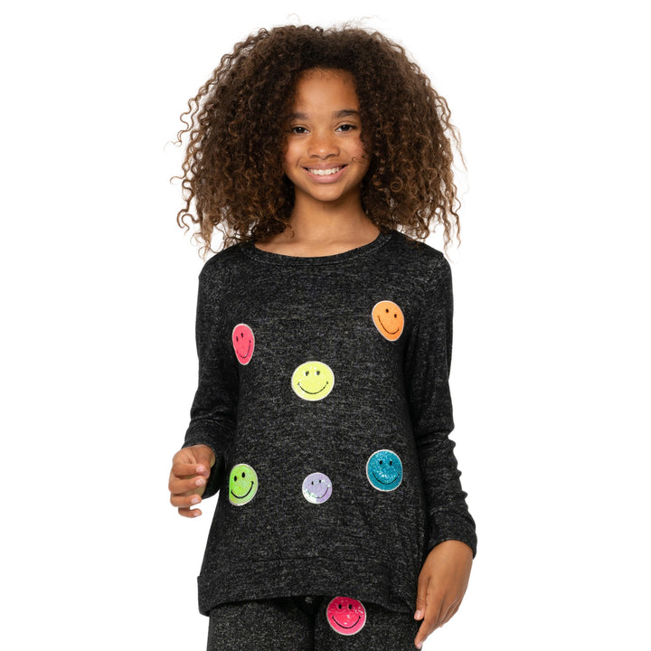 Girl's (8-14) Hacci Sweatshirt with Neon Sequin Happy Faces Patches
