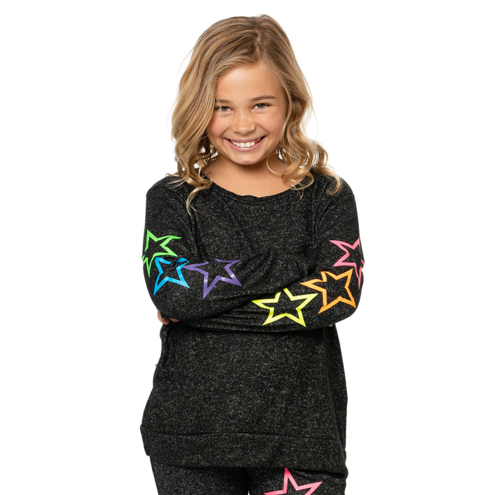 Girl's (8-14) Hacci Sweatshirt with Neon Stars Screen