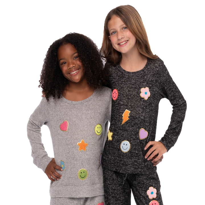 Girl's (8-14) Hacci Sweatshirt with Glitter Chenille Patches