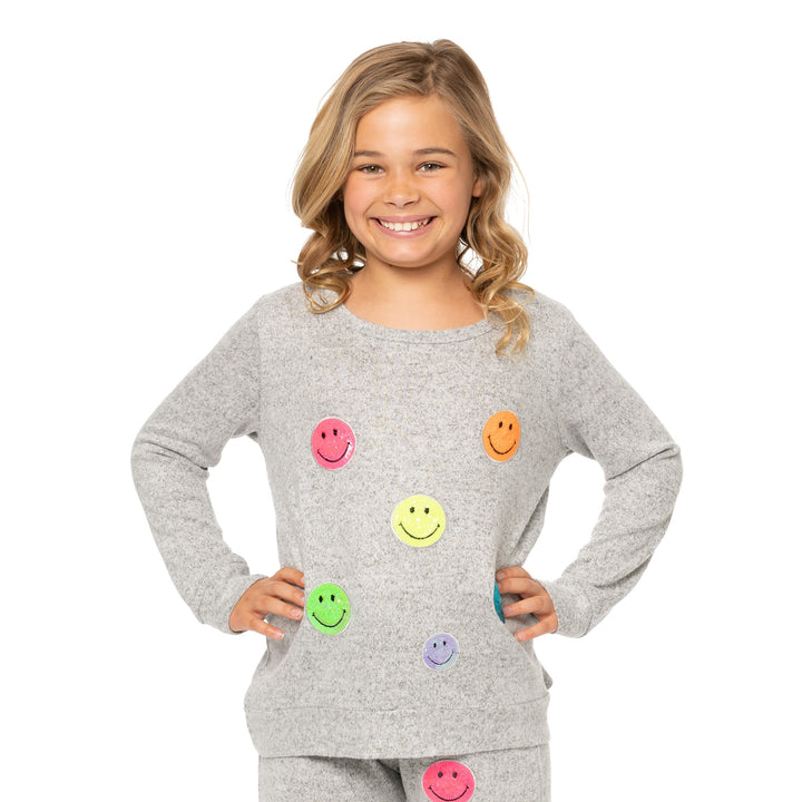 Girl's (8-14) Hacci Sweatshirt with Neon Sequin Happy Faces Patches