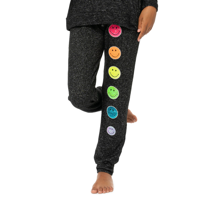 Girl's (8-14) Hacci Sweatpants with Neon Sequin Happy Faces Patches
