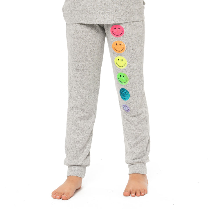 Girl's (8-14) Hacci Sweatpants with Neon Sequin Happy Faces Patches